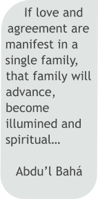 If love and agreement are manifest in a single family, that family will advance, become illumined and spiritual…  Abdu’l BahÁ